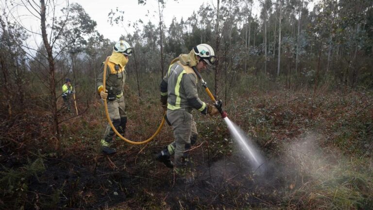 Agentes de los equipos de bomberos trabajan en un incendio en Trabada (Lugo).