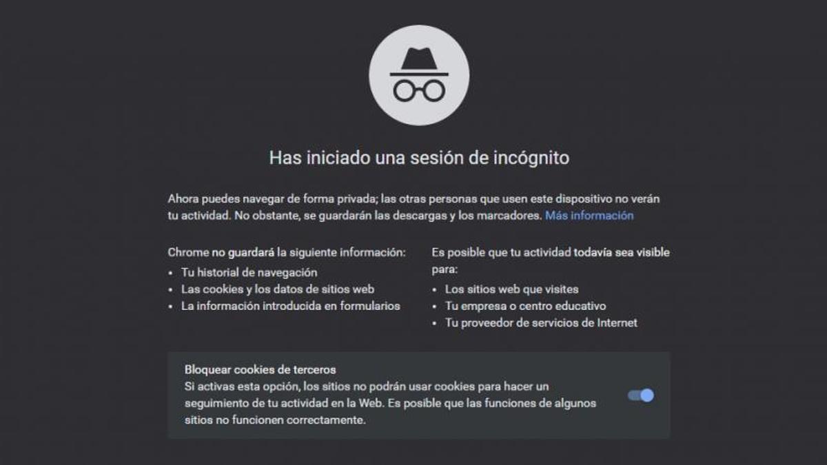 Esta es la pantalla de información de Chrome cuando se activa el modo Incógnito Google