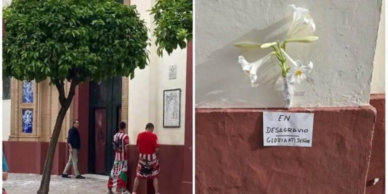 Sevillanos dejan flores en el Cachorro «en desagravio» después de que aficionados del Athletic orinaran junto a la puerta del templo