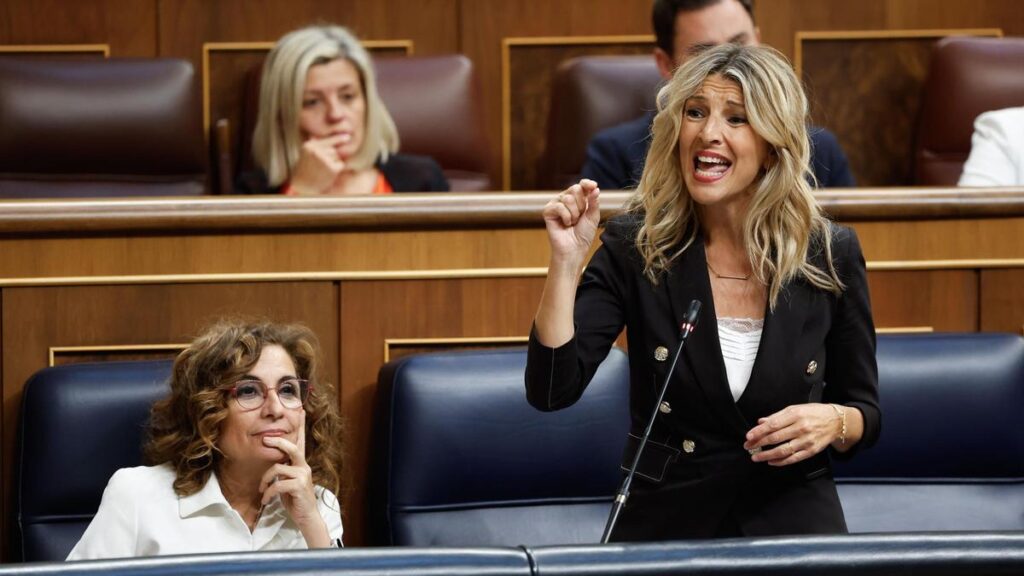 Yolanda Díaz interviene desde su escaño durante un pleno del Congreso.