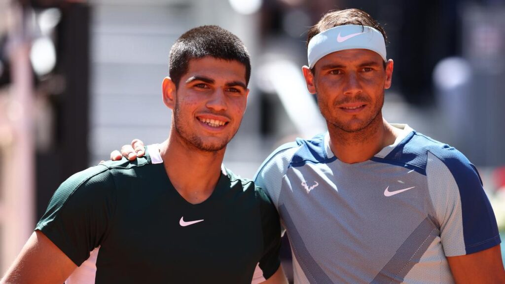 Archivo - Los tenistas españoles Carlos Alcaraz y Rafa Nadal en el Mutua Madrid Open