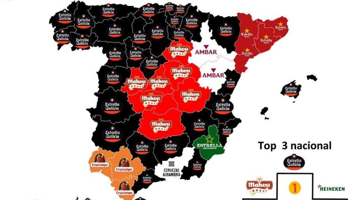 Las cervezas preferidas por los españoles en cada provincia. /