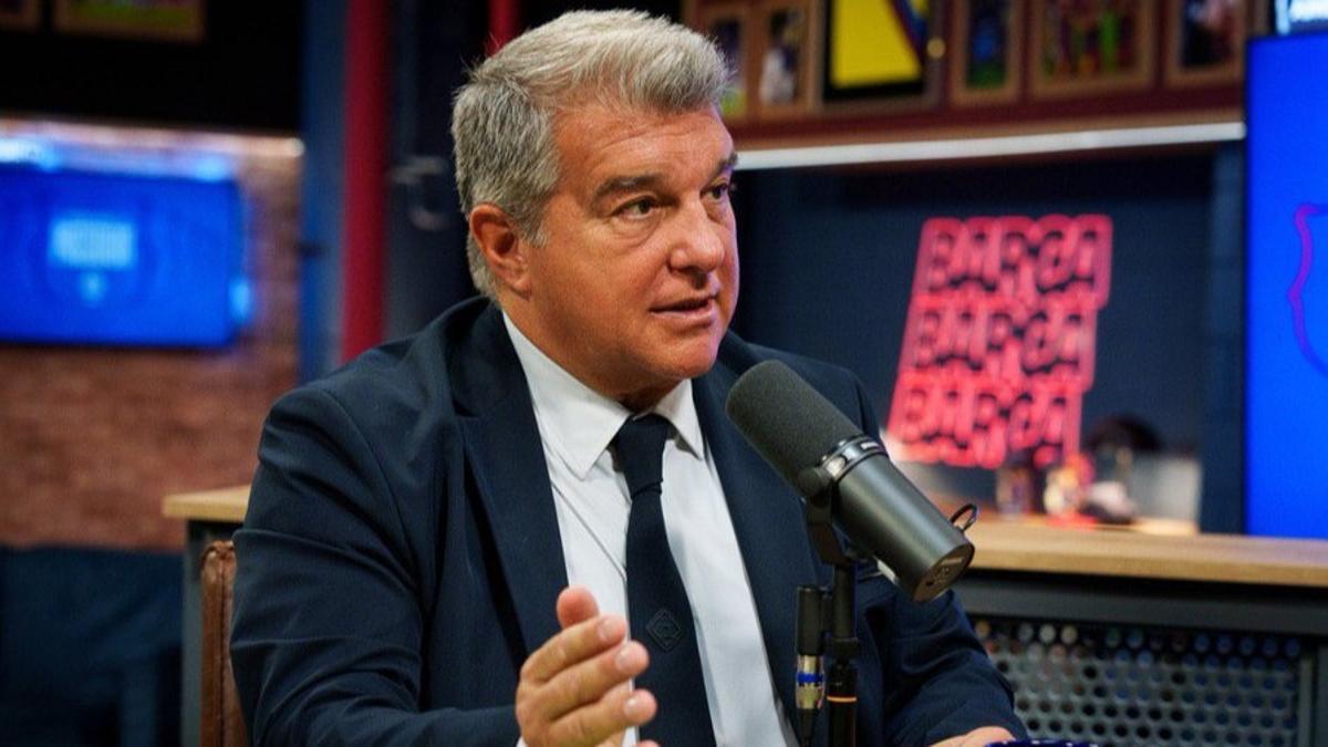 Joan Laporta durante la emisión de 'El podcast del President' en Barça One.