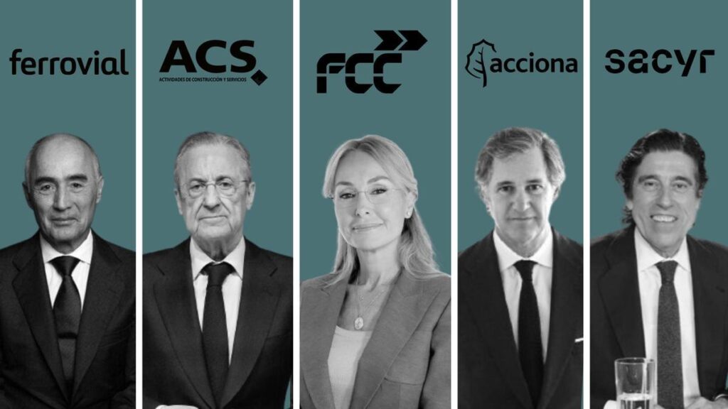De izquierda a derecha: Rafael del Pino, presidente de Ferrovial; Florentino Pérez, presidente de ACS; Esther Alcocer Koplowitz, presidenta de FCC, José Manuel Entrecanales, presidente de Acciona; y Manuel Manrique, presidente de Sacyr