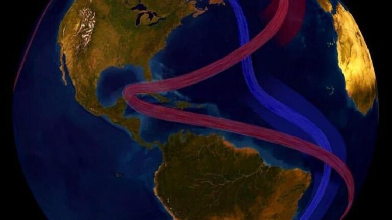 La AMOC transporta agua caliente desde el hemisferio sur hacia el norte, ayudando a mantener cálidas a Europa y otras regiones.