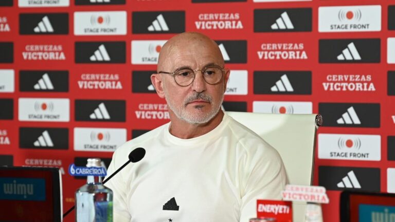 El seleccionador español, Luis de la Fuente, durante la rueda de prensa en Badajoz.