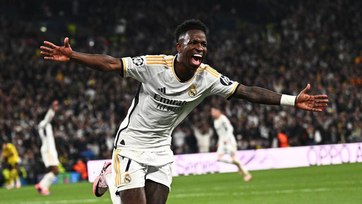 Vinicius Junior celebra el gol de la final de la Liga de Campeones ante el Borussia Dortmund en Wembley