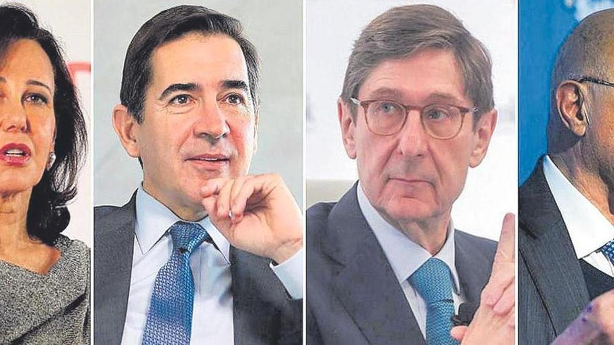 Los presidentes de los mayores bancos españoles, Ana Botín (Santander), Carlos Torres Vila (BBVA), José Ignacio Goirigolzarri (CaixaBank) y Josep Oliu (Sabadell).
