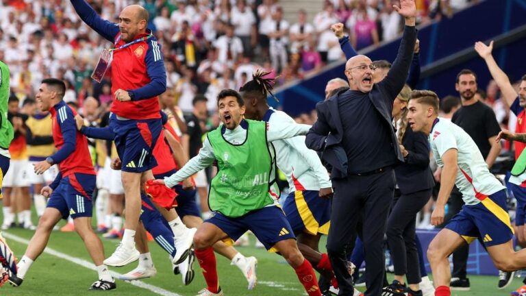 Luis de la Fuente y el banquillo español celebran la clasificación tras ganar a Alemania en la Eurocopa.