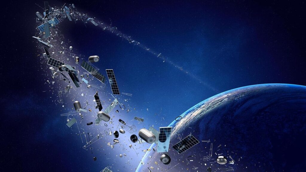 Recreación de basura espacial orbitando la Tierra