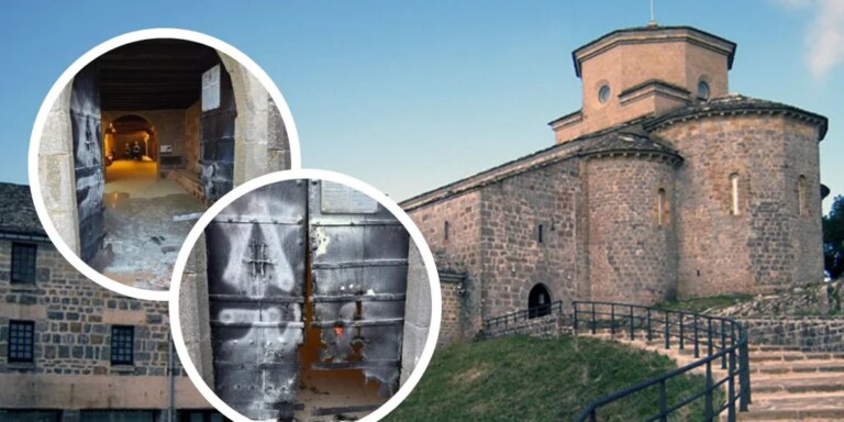 Queman la puerta del santuario de San Miguel de Aralar en Navarra y pintan una estrella de David