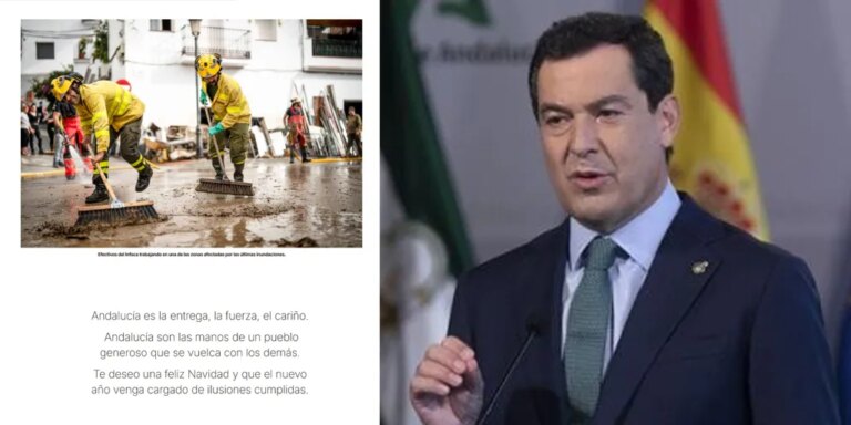 Juanma Moreno felicita la Navidad con una imagen del Infoca trabajando en la DANA